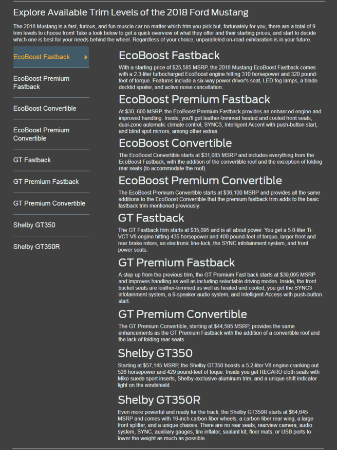2018 Ford Mustang Trims
